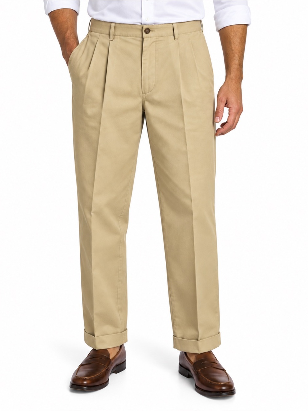 ORVIS Mens Khaki Pleated Cuffed 100% Cotton Chino Pants 36x32